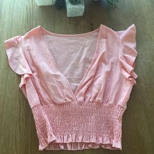 Pink linen crop v-neck with ruched waist